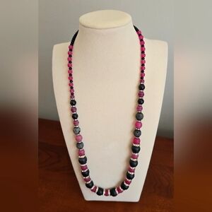 Elegant Pink and Black Lava Stone Beaded Necklace